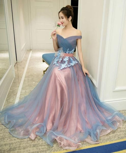 Gray blue tulle off shoulder long prom dress, gray blue evening dress cg467