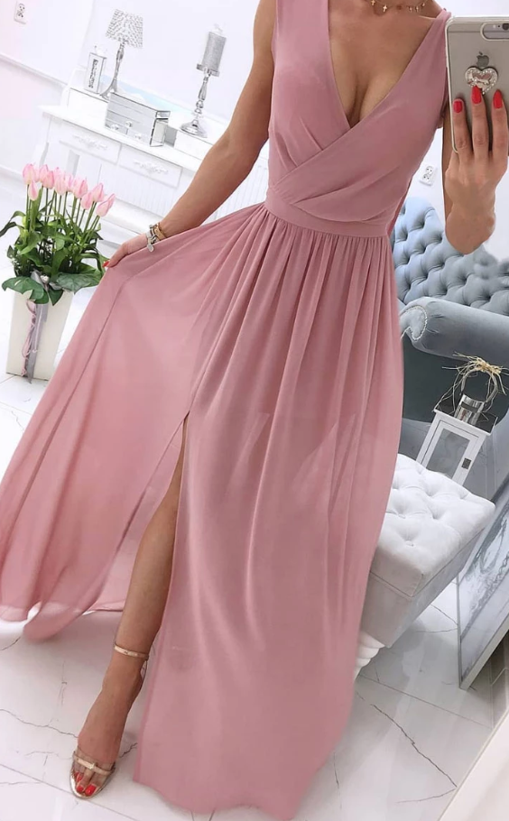 Simple chiffon pink long prom dress, pink evening dress cg5024