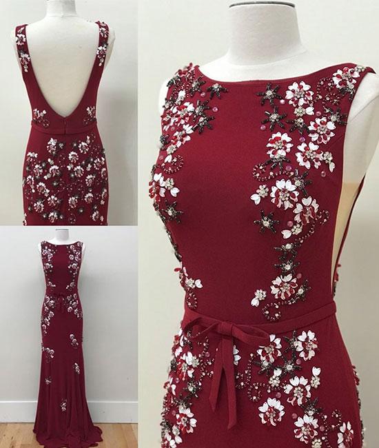 Unique round neck chiffon beads long prom dress, burgundy evening dress cg5040