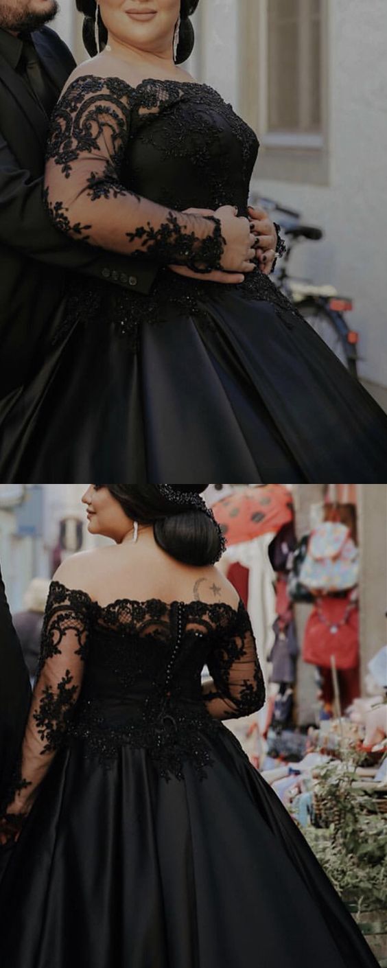 Black Wedding Dress Plus Size Ball Gown Lace Long Sleeves prom dress cg5042