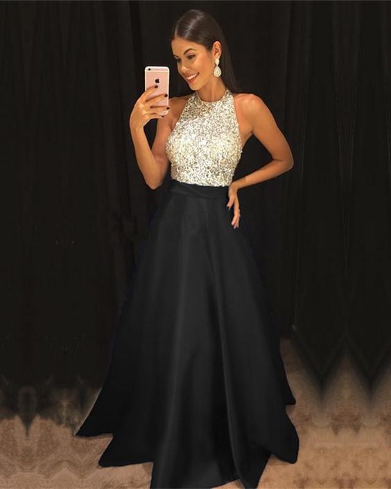 Sparkly Sequins Beaded Halter Long Satin Prom Dresses cg5049