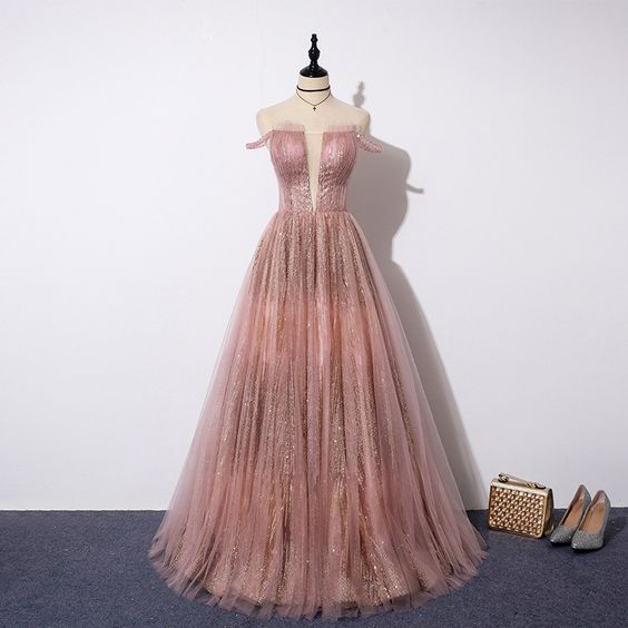 Sparkling pink tulle sequins long prom dress, evening dress cg5059