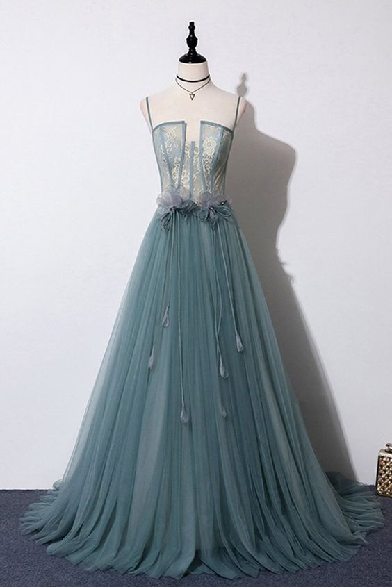 Green Gray Tulle Lace Top Long Strapless Handmade Prom Dress With Applique cg5060