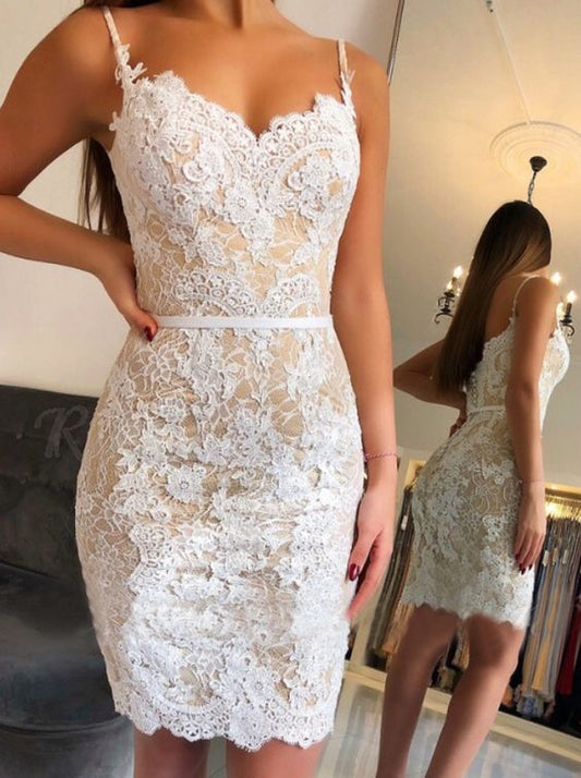 Sheath Spaghetti Straps Above-Knee White Lace Homecoming Dress cg5068