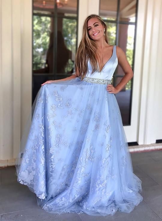 Blue Satin Lace Beaded Long V Neck Senior Prom Dress, Evening Dress cg5085