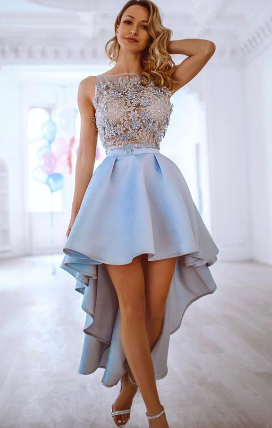 Blue lace short prom dress blue party dress cg5156