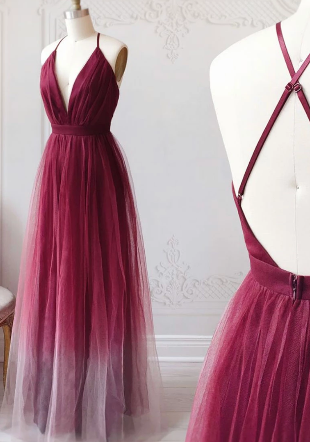 Burgundy v neck tulle long prom dress burgundy tulle long formal dress cg5158