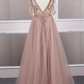 CHAMPAGNE TULLE BEADS LONG PROM DRESS CHAMPAGNE EVENING DRESS cg5159