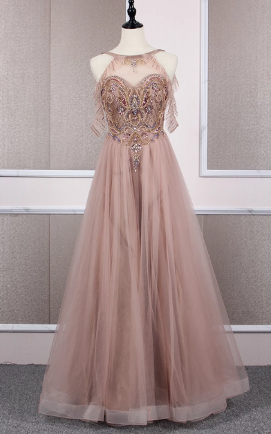 CHAMPAGNE TULLE BEADS LONG PROM DRESS CHAMPAGNE EVENING DRESS cg5159
