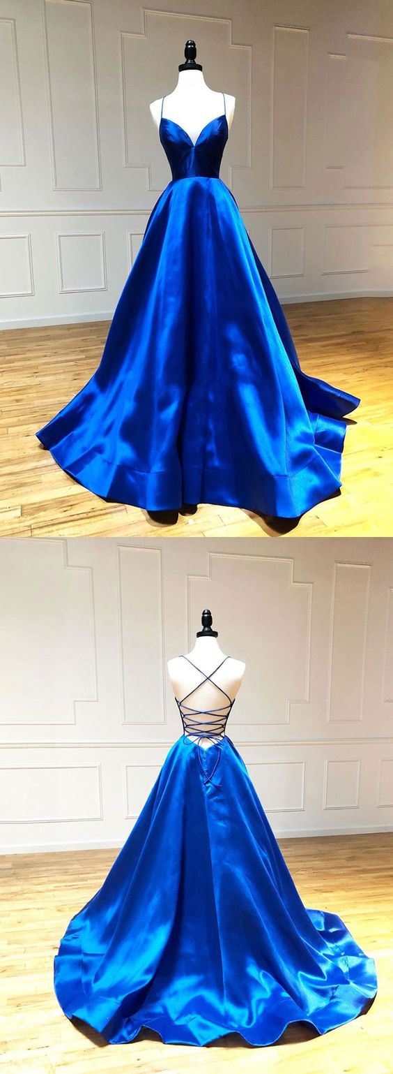 Simple blue satin long prom dress, blue evening dress cg5181