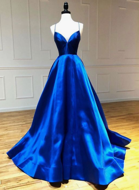 Simple blue satin long prom dress, blue evening dress cg5181