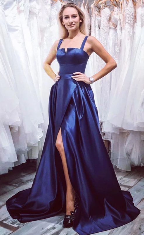 Blue satin long prom dress, blue evening dress cg5191