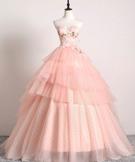 Sweetheart Pink Tulle 3D Lace Multi-layered Ball Gown, Formal Prom Dress cg5220