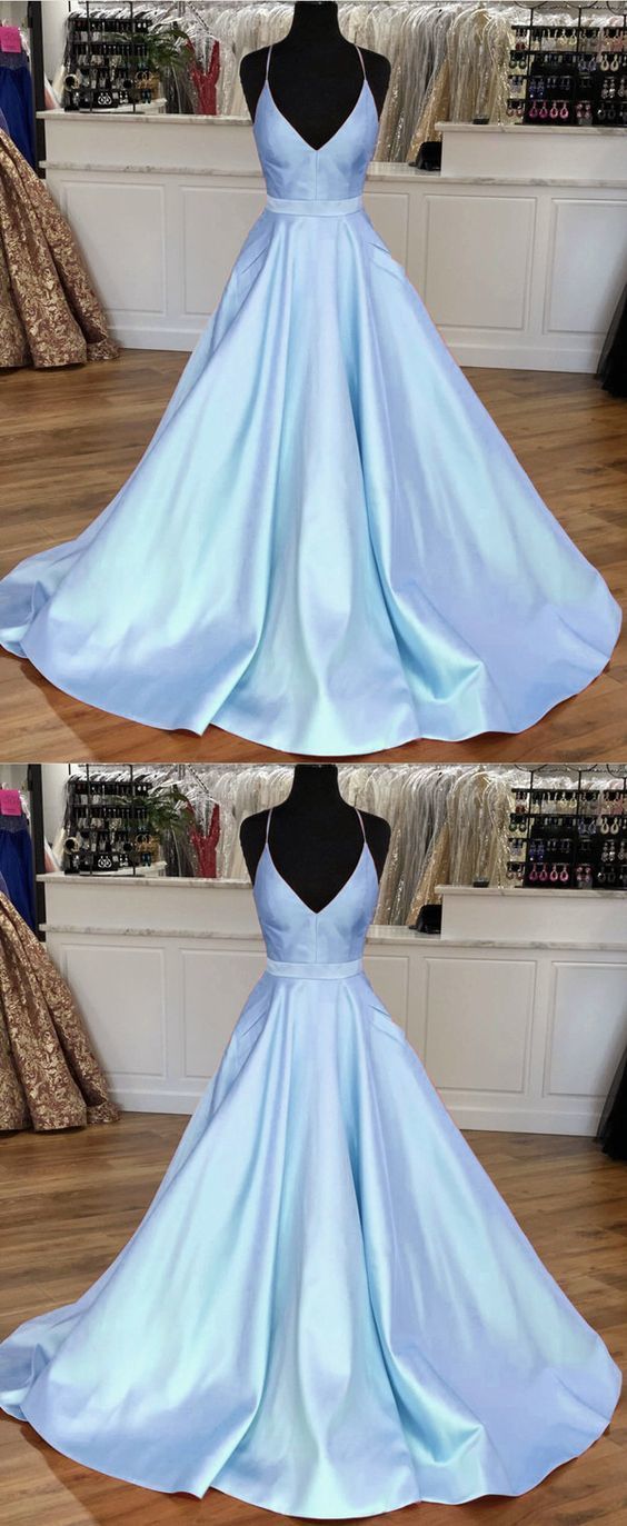 Light Blue Satin V-neck Cross Back Prom Dresses cg5221
