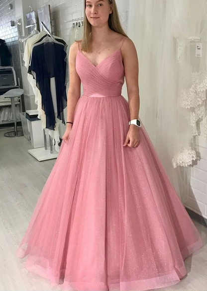 Pink v neck tulle long prom dress, evening dress cg5237