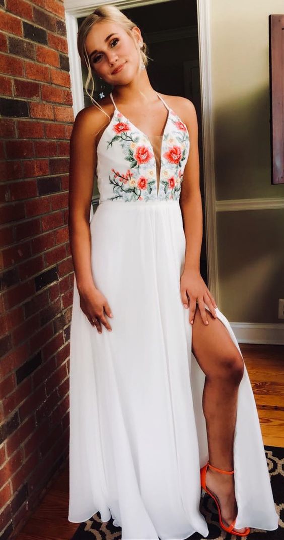 White and Floral Long Prom Dress with Slit, 2020 Floral Prom Dress Formal Dress cg5343