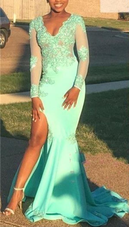 Custom Made New Mermaid Prom Dresses V Neck Mint Green Lace Long Sleeves Prom Dress High Split Evening Gowns  cg5538