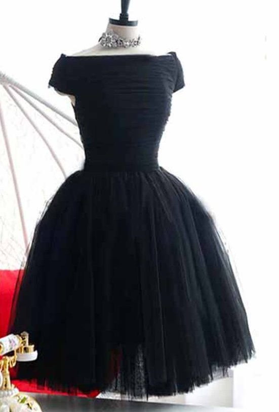 Simple black tulle off shoulder short A-line homecoming party dresses  cg5661