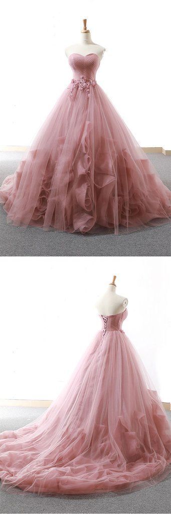 Pink Sweetheart neck Tulle Long Prom Dresses, Pink Evening Gown cg5704