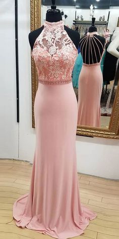 Pink Lace High neck Open Back Long Mermaid Prom Dress  cg5746