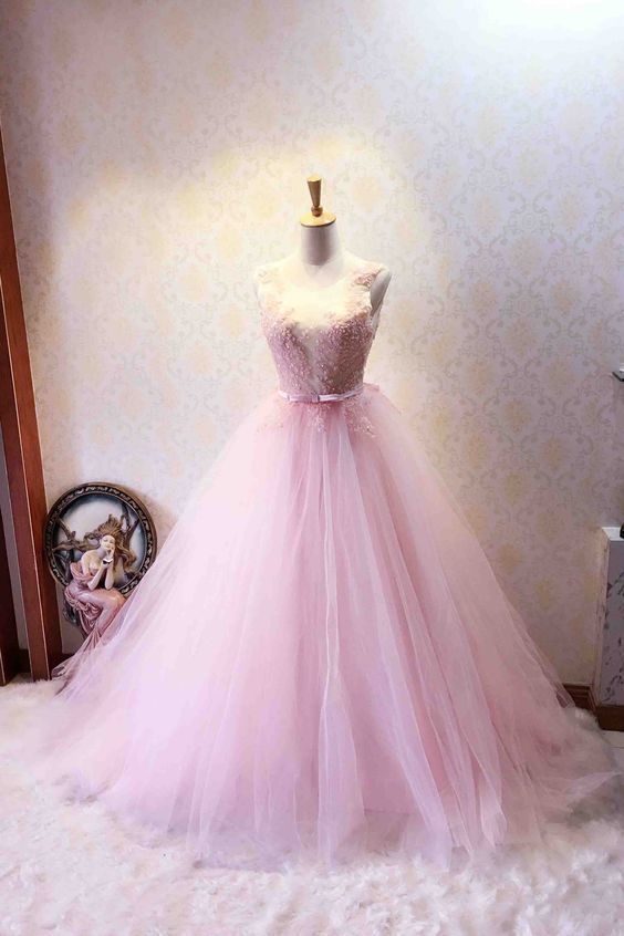 Pink tulle round neck see-through lace applique sequins ball gown prom dresses  cg5811
