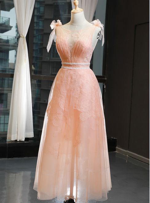 A-Line Orange Tulle Appliques Bateau Pleats Prom Dress With Beading  cg5837