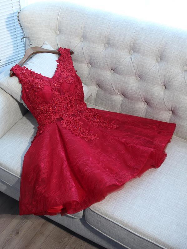 A-Line V-Neck Red Tulle Sleeveless Homecoming Dresses With Appliques cg584