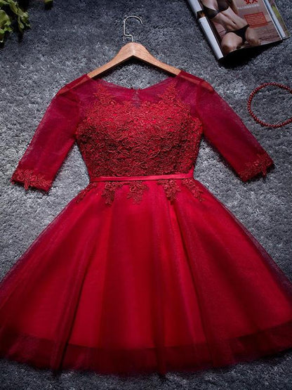 A-Line Red Scoop Neckline 3/4 Sleeves Homecoming Dresses  cg585