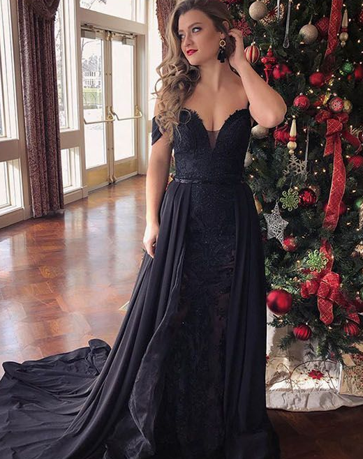 Prom Dresses Ball Gown, Off the Shoulder Black Lace Long Prom Evening Dress  cg5880