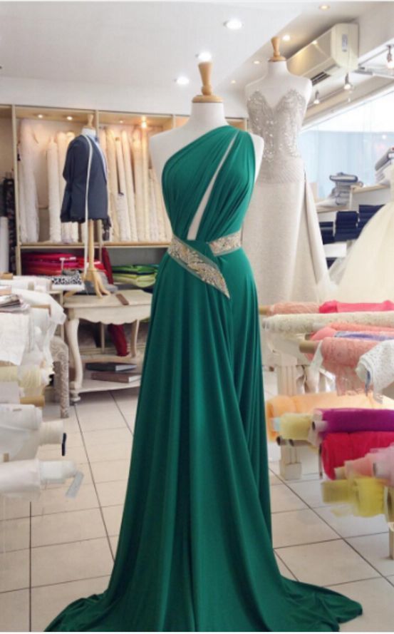 Green A Line Satin Evening Dresses One Shoulder Cutout Prom Dresses Sleeveless Party Dress Gowns  cg5898