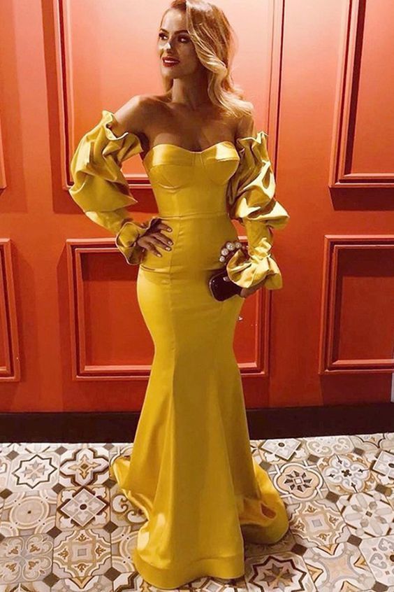 Yellow Long Prom Dresses with Sleeves Mermaid Evening Gowns  cg5936