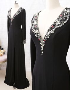 Long Sleeves Deep V Neck Jersey Formal Evening prom Dress Black Pageant Gown  cg5967