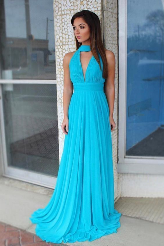 Simple Blue Chiffon Long Prom Dress  cg5996