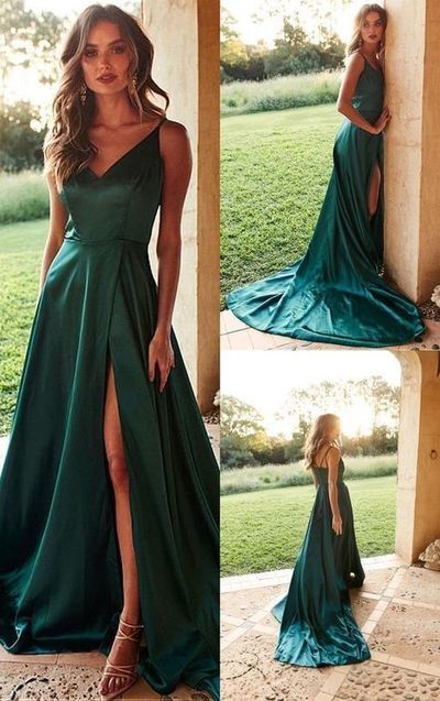 A-Line V-Neck Satin Long Prom Dress with Split Dark Green Evening Dress  cg605