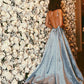 Luxurious A-line Straps Blue Formal Evening Dress,Sexy Backless Beaded Deep V Neckline prom dresses cg614
