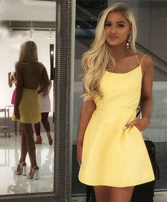 A-Line Spaghetti Straps Backless Yellow Short Homecoming Dress with Pockets  cg642