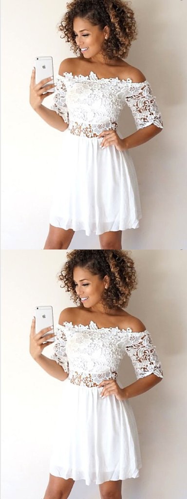 A-Line Off-the-Shoulder Half Sleeves White Lace Short Homecoming Dresses cg653
