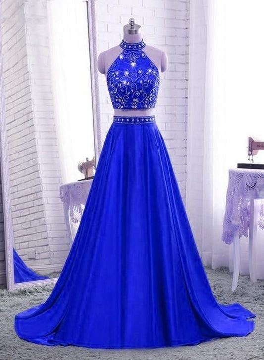 Royal Blue Two Piece Satin Party Dress, Blue Formal prom Dress, Evening Gowns  cg6663