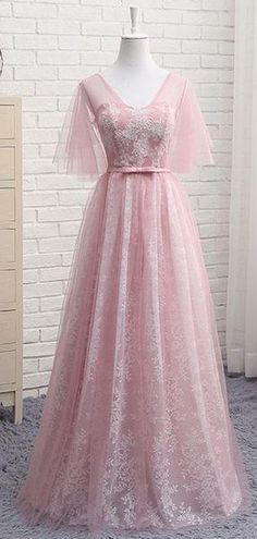 Elegant Half Sleeves A Line Lace V Neck Evening Dresses Long Prom Dresses  cg6664