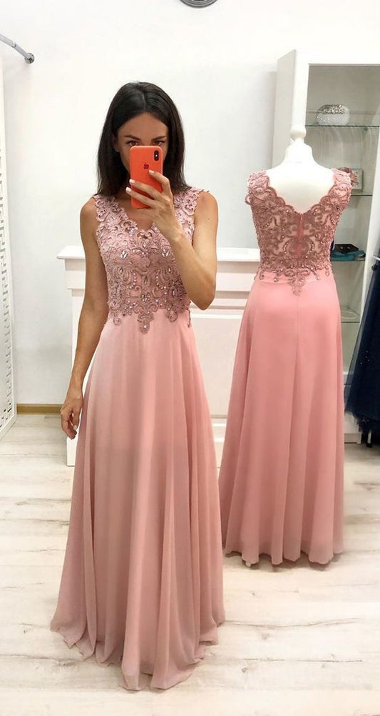 A-line V-neck Appliques Long Prom Dresses, Chiffon Wedding Party Gown  cg6697