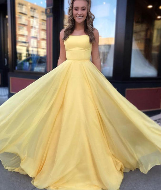 Simple yellow chiffon long prom dress, yellow evening dress cg681