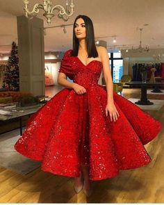 Sparkling Red Sequin Ball Gown Prom Dresses with One Shoulder Tea Length Puffy  cg6916