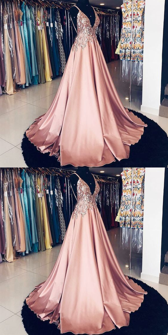 A-Line Deep V-Neck Pink Sequin Long Prom Dress cg697