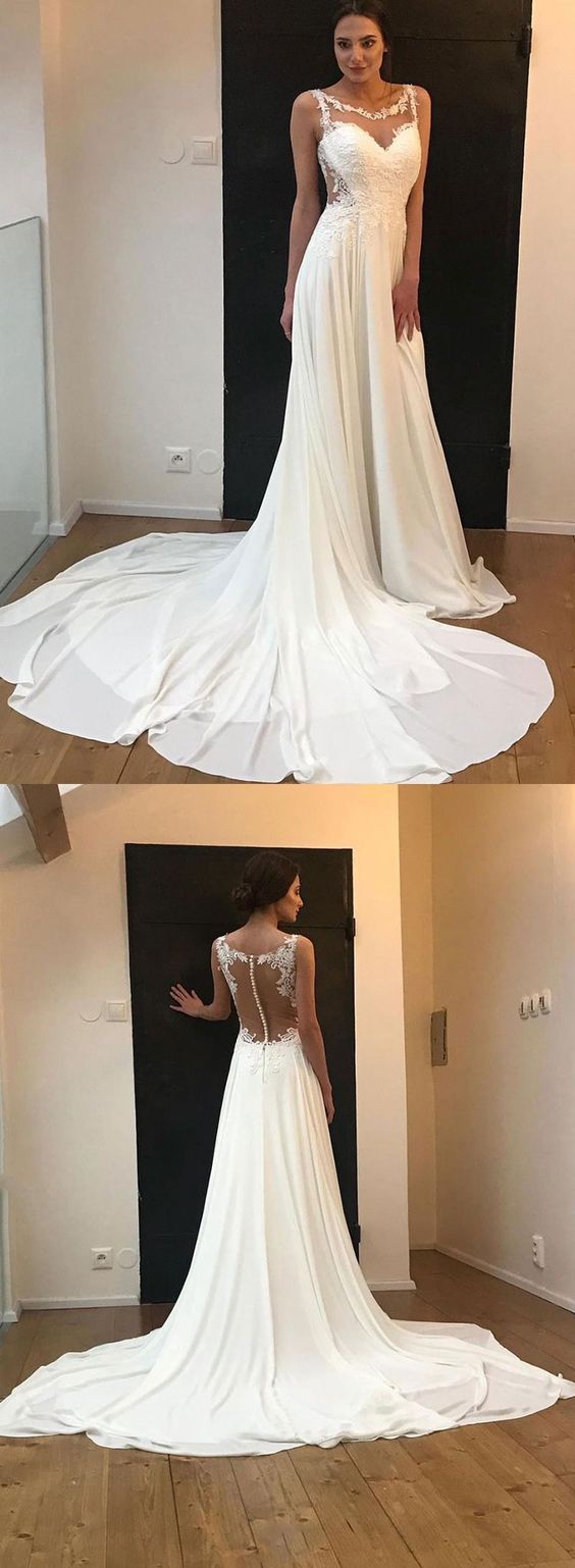 White chiffon lace long prom dress, white evening dress cg713