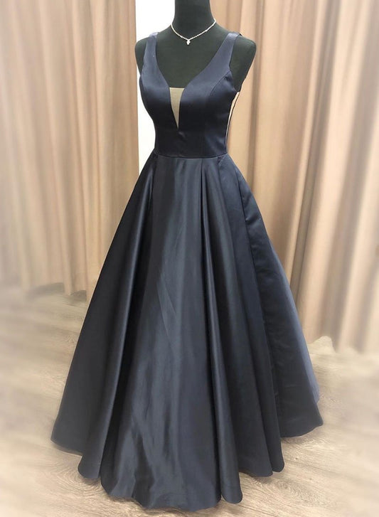 Simple black v neck satin long prom dress, black evening dress cg718