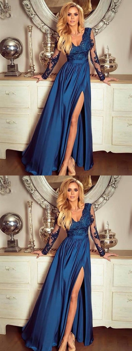 Long Sleeves V Neck Blue Lace Prom Dresses, Long Sleeves Blue Lace Formal Evening Dresses  cg7544