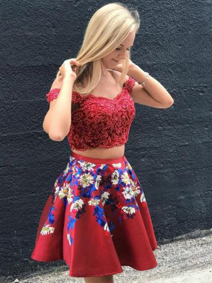 Two Piece Red Off Shoulder Beading Floral Homecoming Dresses cg760
