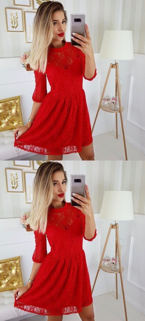 A-Line Round Neck 3/4 Sleeves Red Lace Short Homecoming Dresses cg770