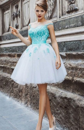 A-Line Illusion Cap Sleeves Keyhole Back Lace Up White Tulle Homecoming Dress with Green Appliques cg790