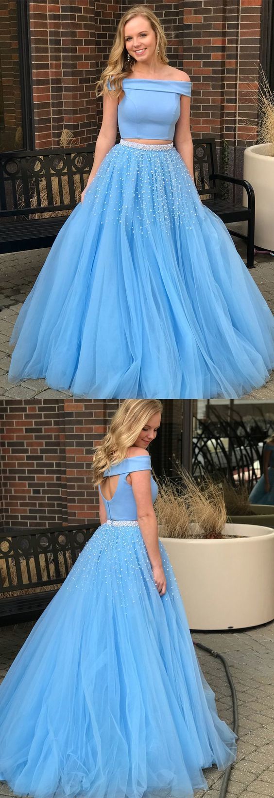 Two Piece Off-the-Shoulder Open Back Blue Prom Dress with Beading  cg795